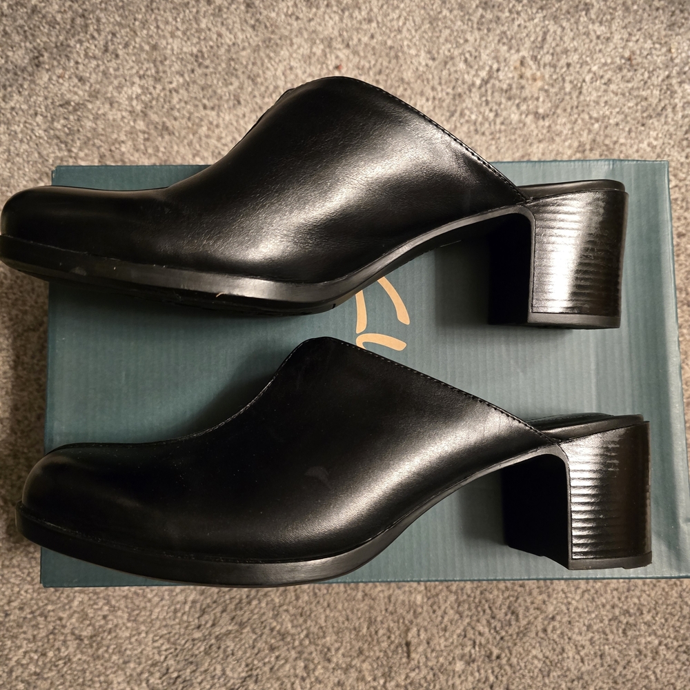 Clarks Black Leather Mules